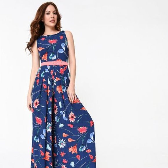 Miss Candyfloss Navy Floral Jumpsuit - Picture 1 of 5